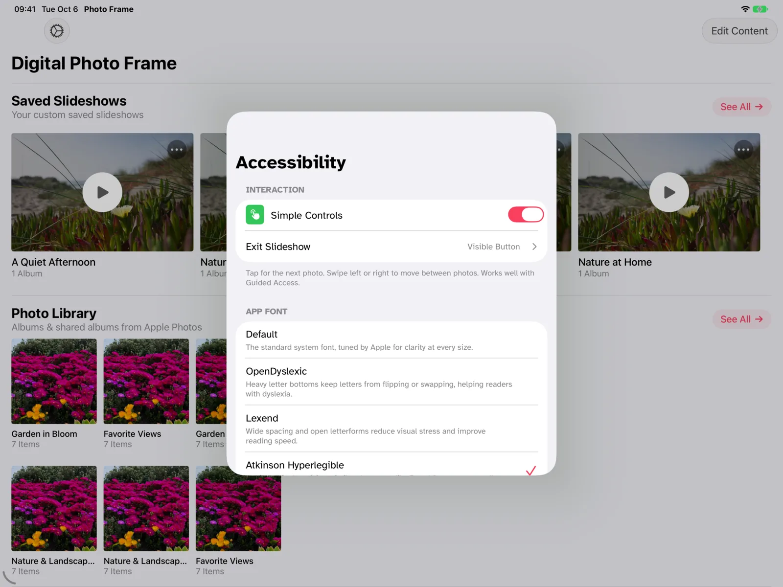 Accessibility settings with Simple Controls and easy-to-read fonts