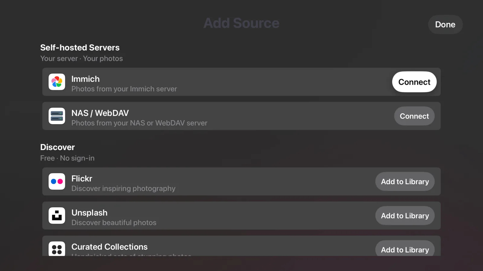 Agregar Fuente en el Apple TV con Immich, NAS / WebDAV, Flickr y Unsplash