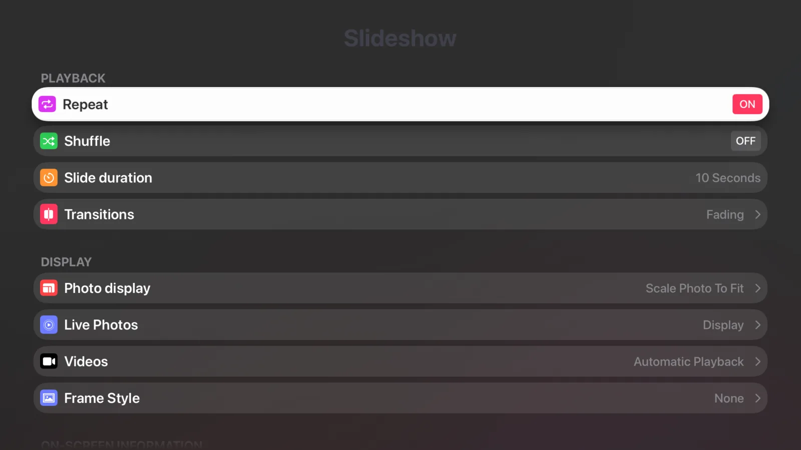 Ajustes de la presentación en el Apple TV