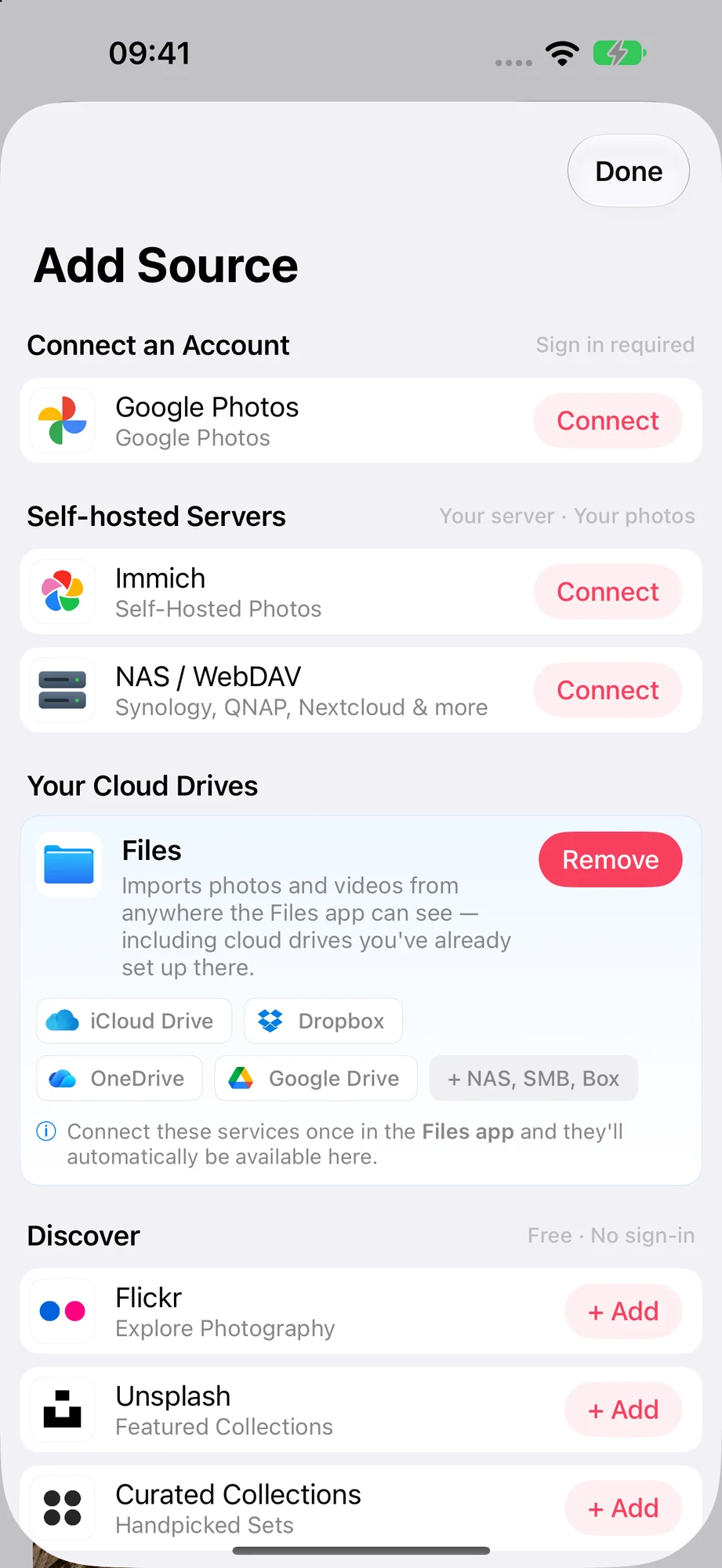 Quelle hinzufügen auf dem iPhone mit Google Photos, Immich, NAS / WebDAV und Dateien
