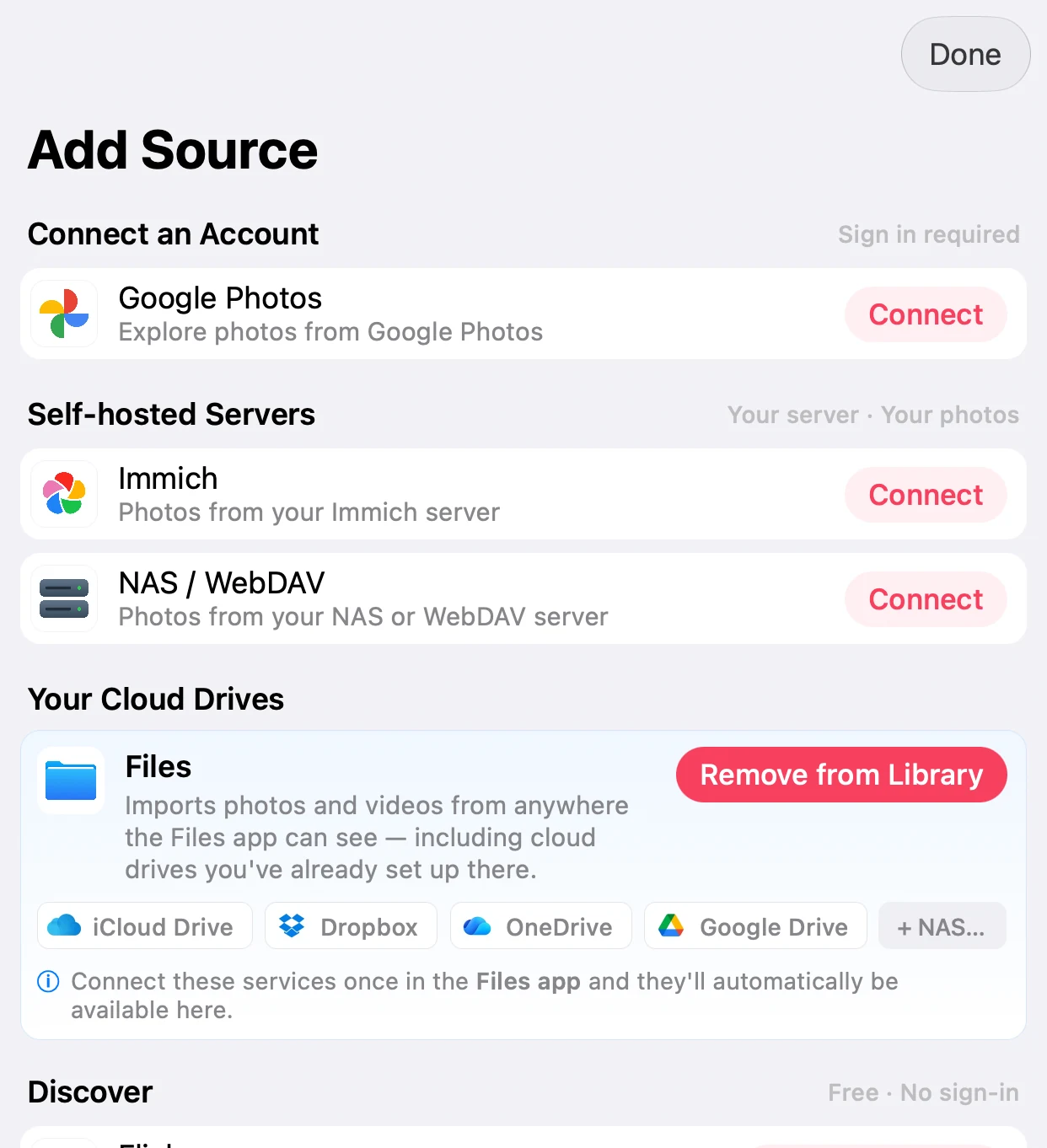 The Add Source screen on a Mac with Google Photos, Immich, NAS / WebDAV and Files