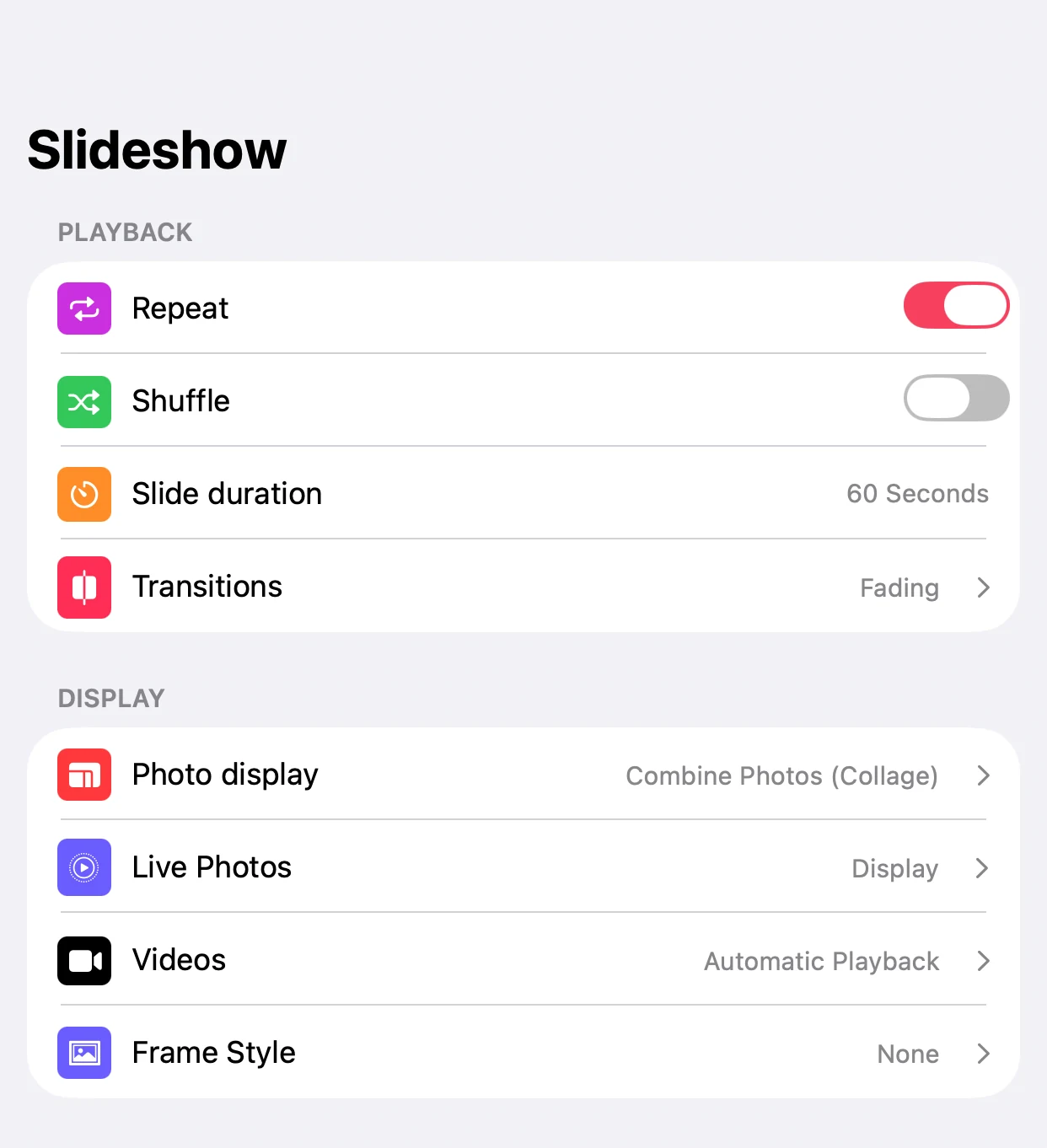 Slideshow settings on a Mac