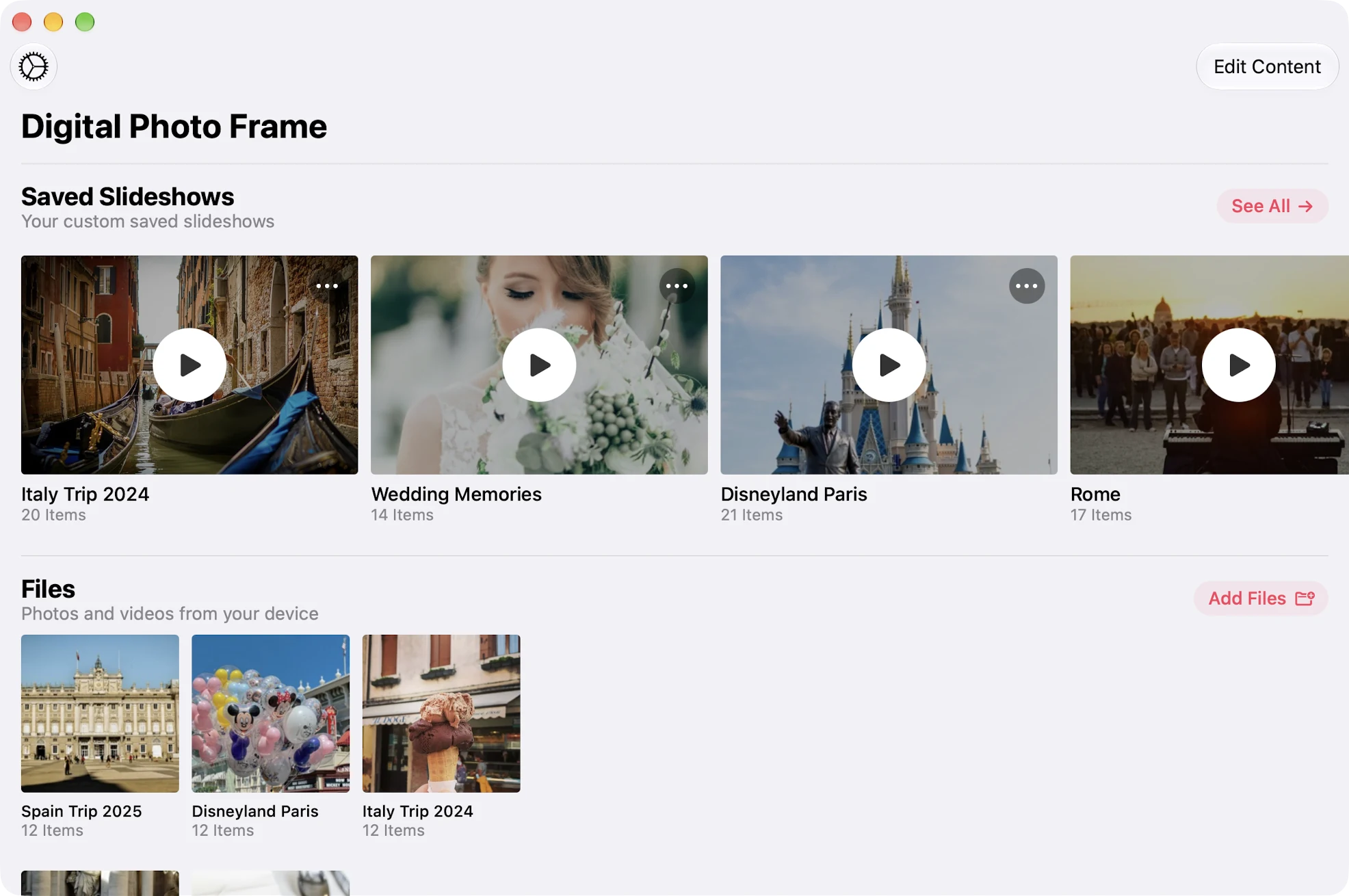 The app in its own window on macOS, with saved slideshows and albums