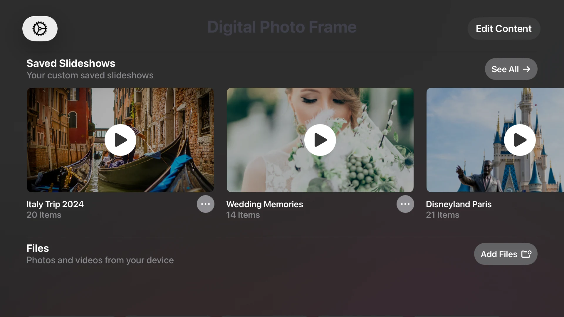 La pantalla de inicio de Digital Photo Frame App en el Apple TV