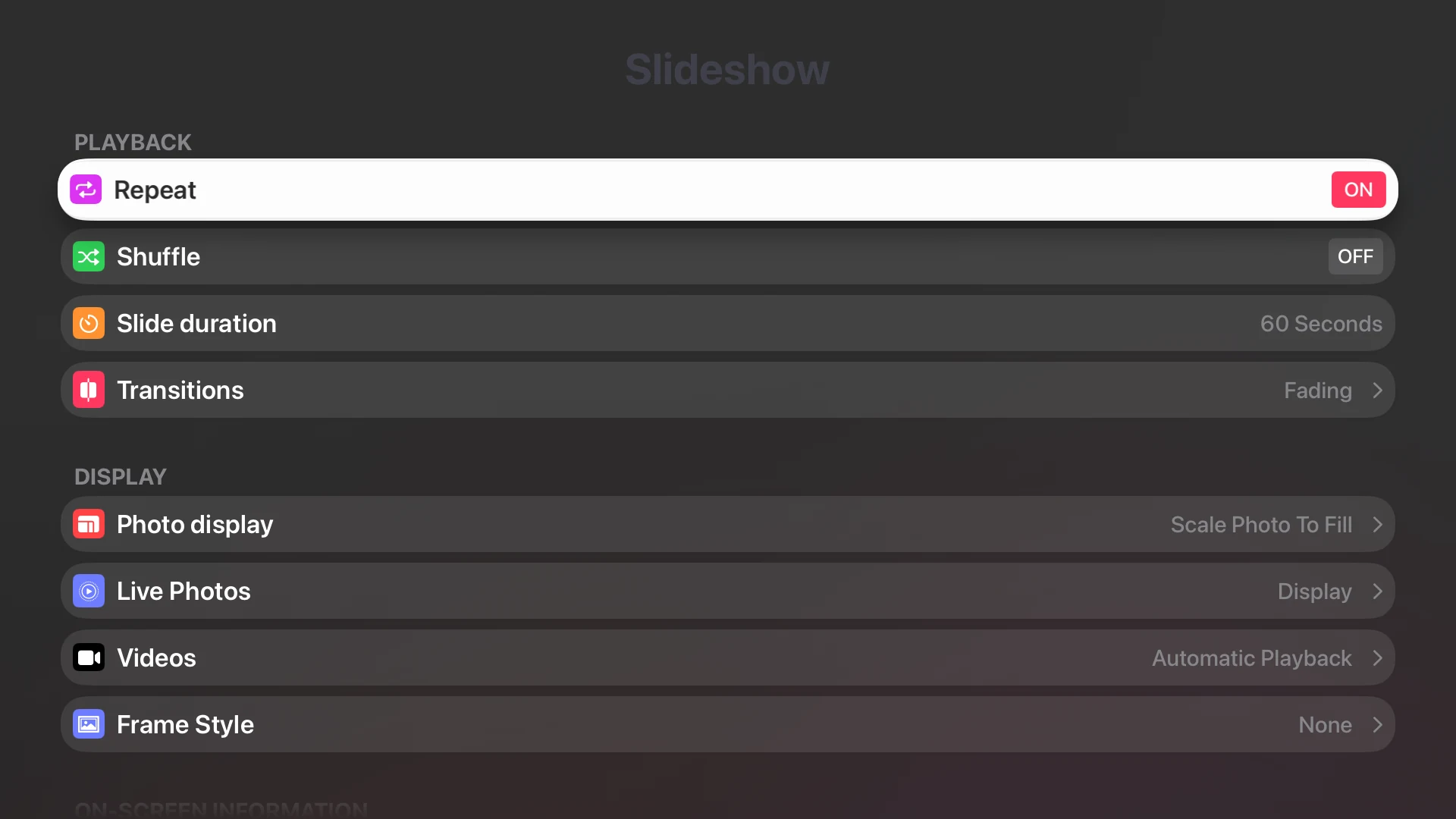 Ajustes de la presentación en el Apple TV