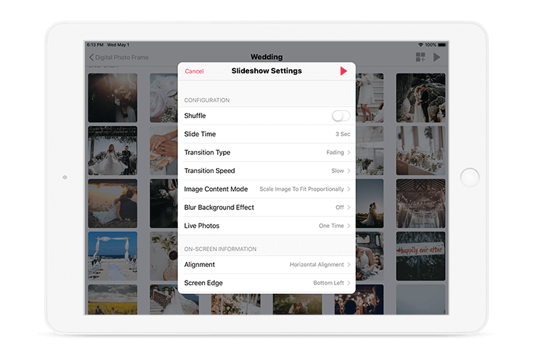 Digital Photo Frame App settings screen showing slideshow customization options