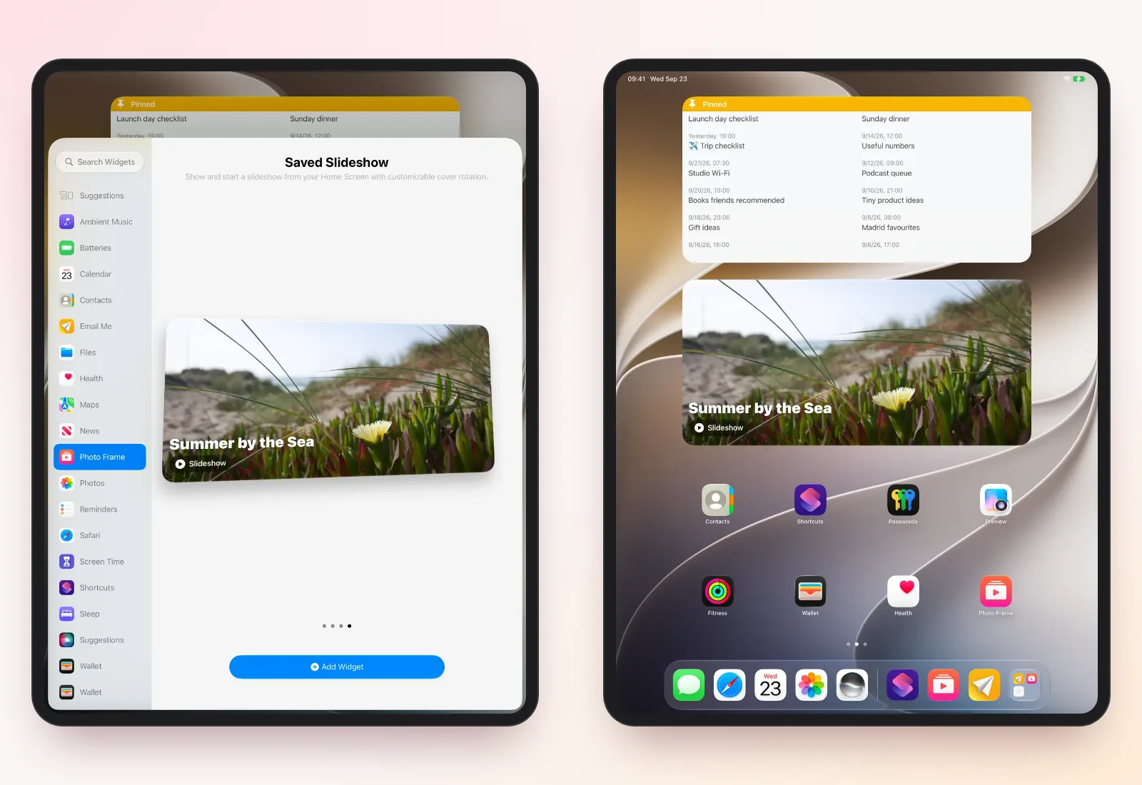 Das extragroße Widget in der Widget-Galerie und auf dem iPad-Home-Bildschirm