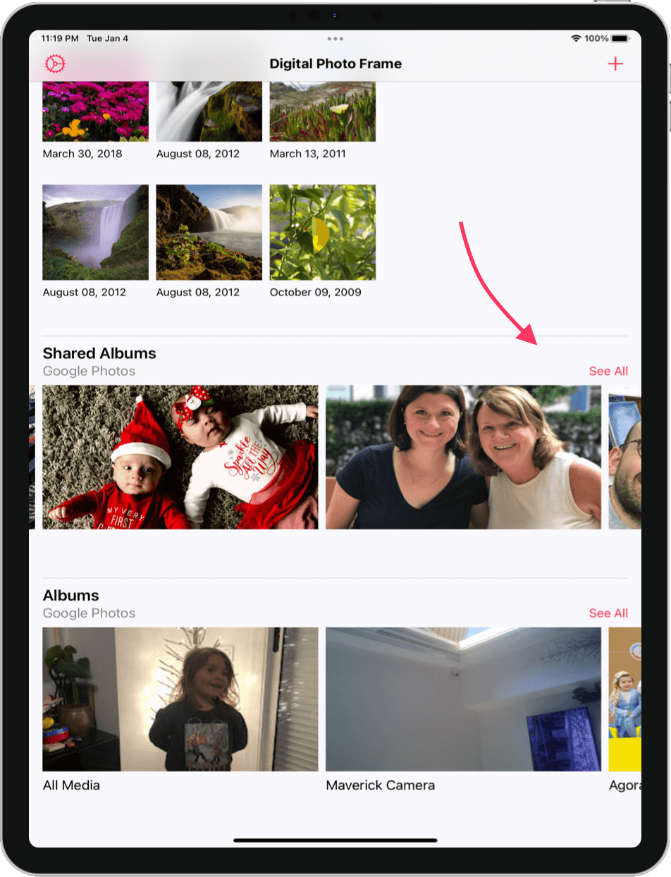 Scrolling through Google Photos albums selection interface