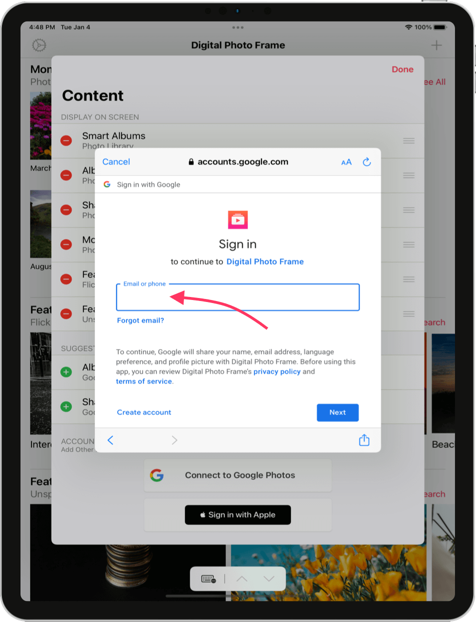 Google account sign-in screen for photo access authorization