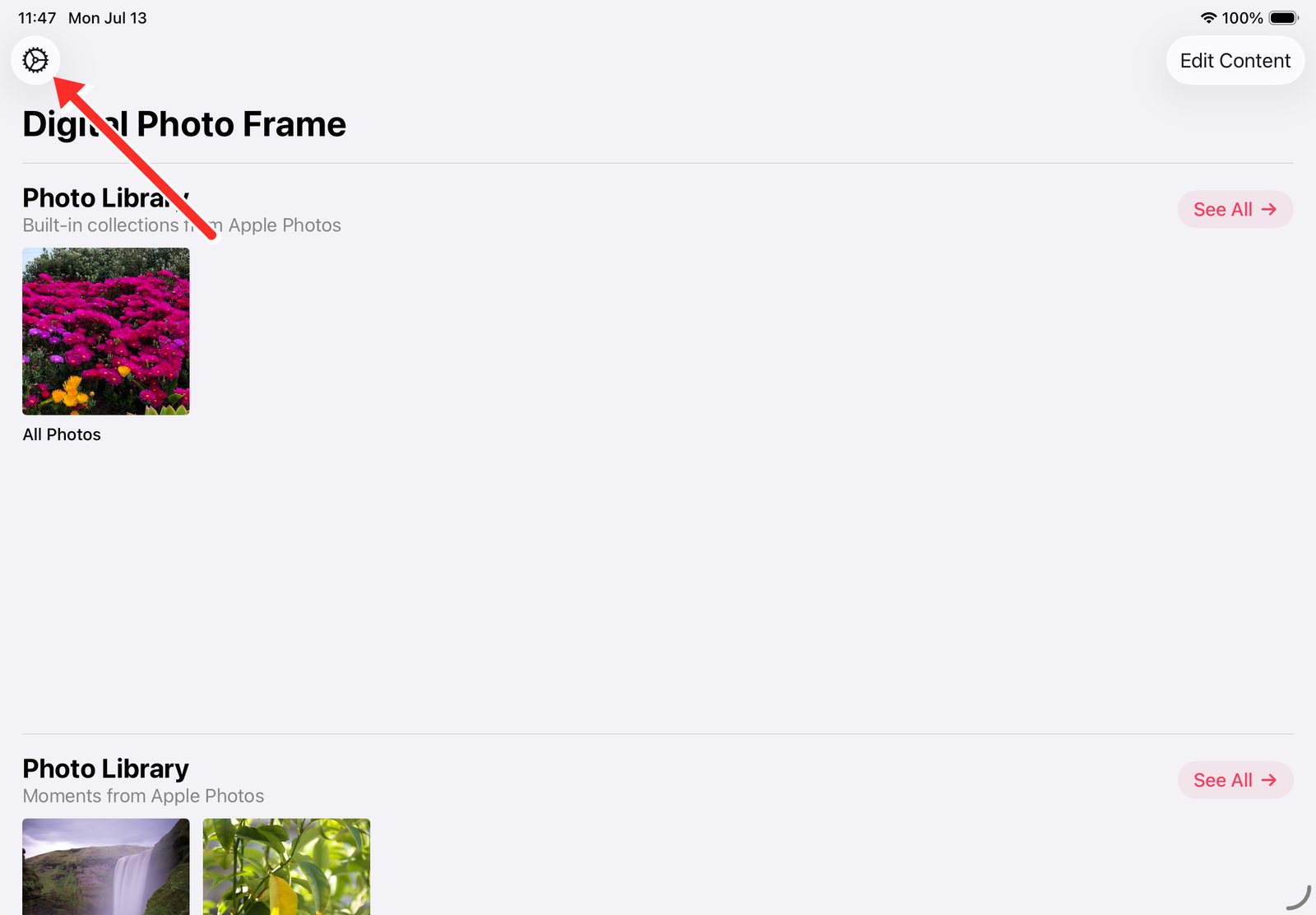 Tap the settings gear in the top left of the Digital Photo Frame home screen