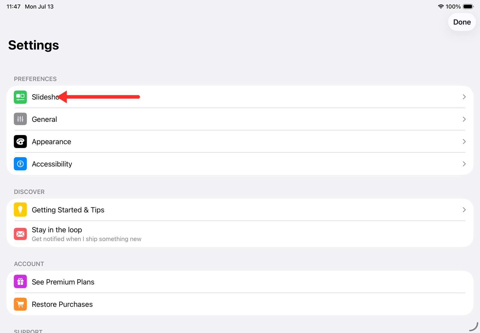 Tap the Slideshow row inside the Digital Photo Frame settings
