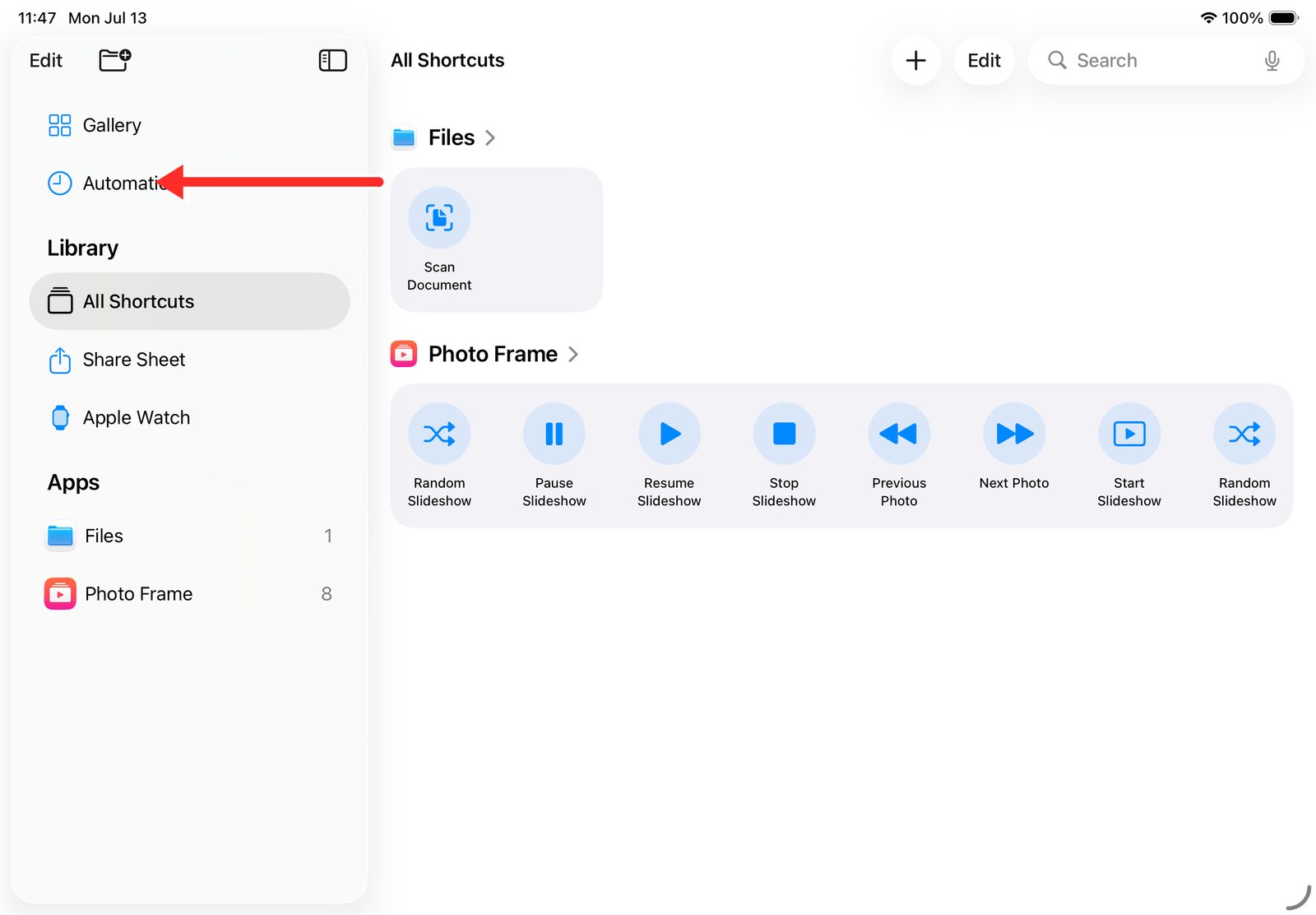 Tap Automation in the Shortcuts sidebar Tap Automation in the Shortcuts sidebar