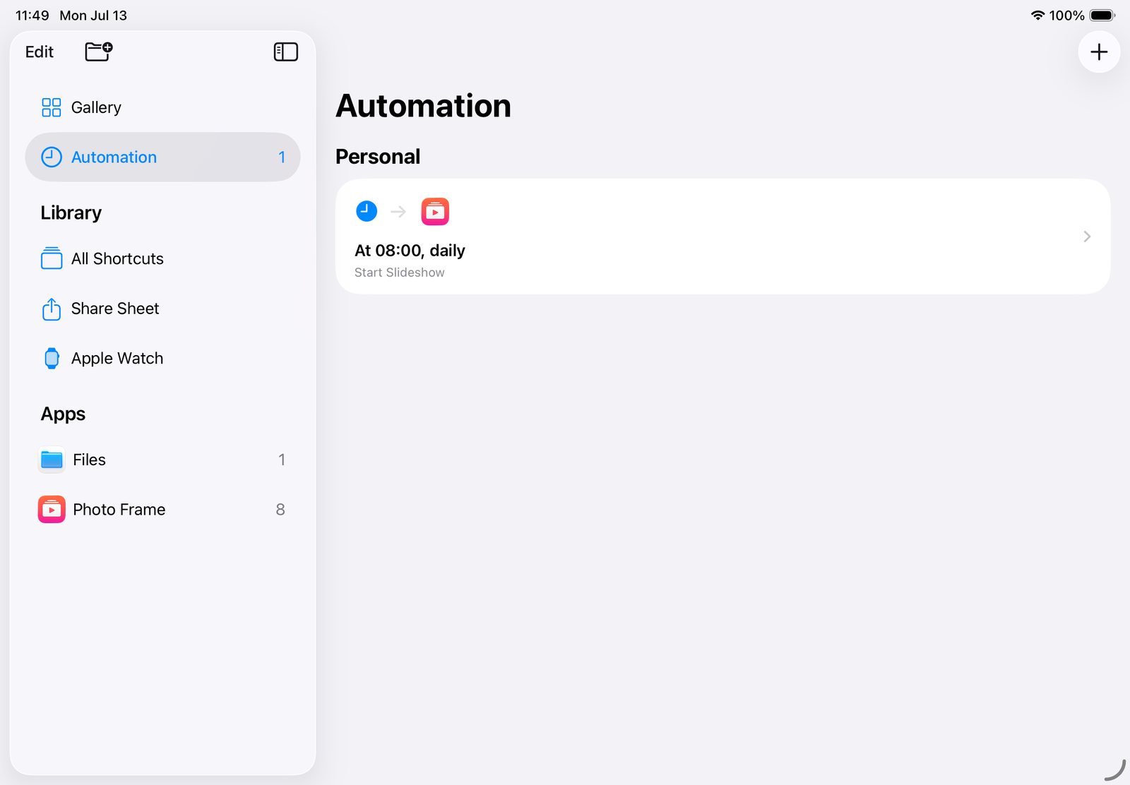 The finished automation showing At 8 in the morning daily, Start Slideshow