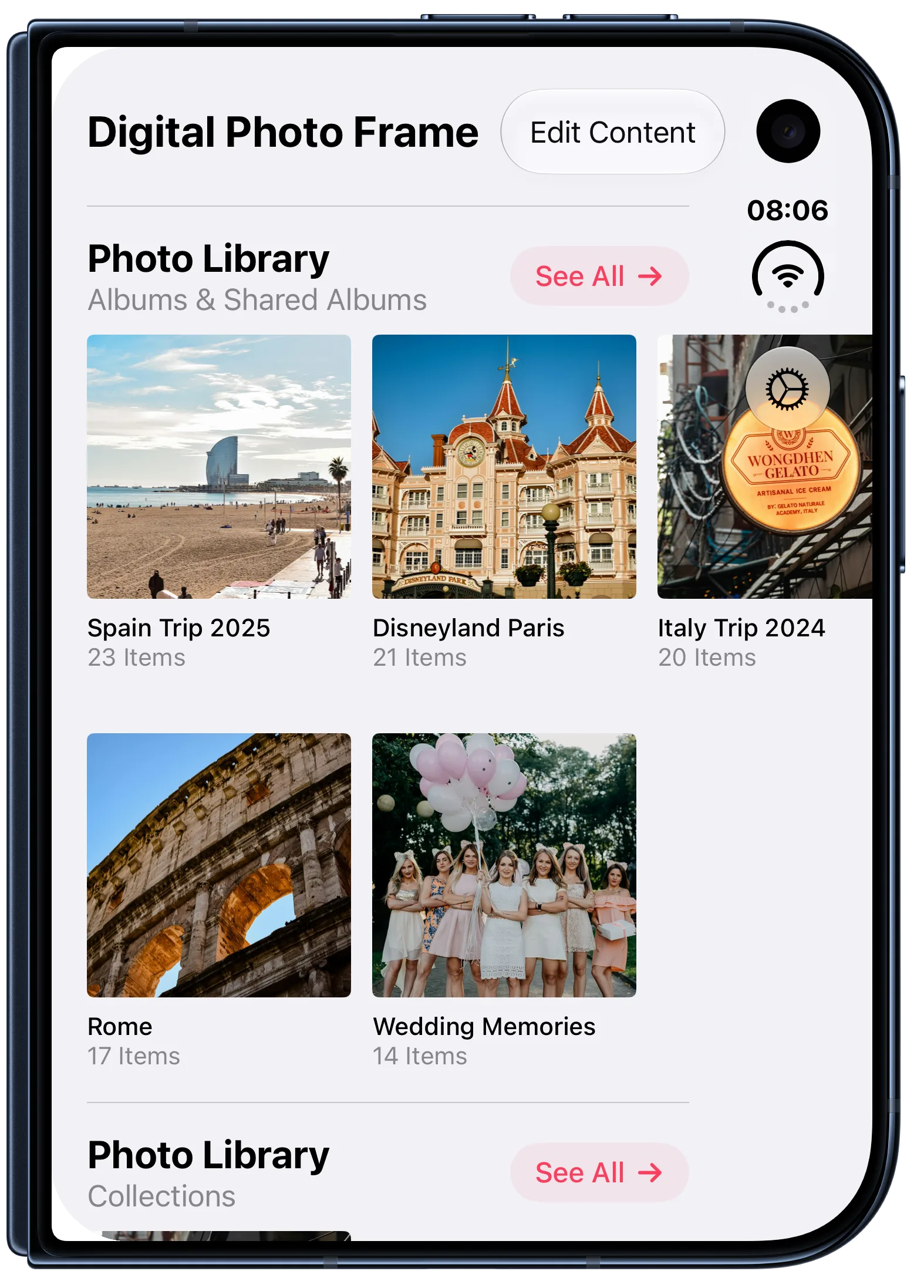 Startseite von Digital Photo Frame App auf dem Außendisplay des iPhone Duo