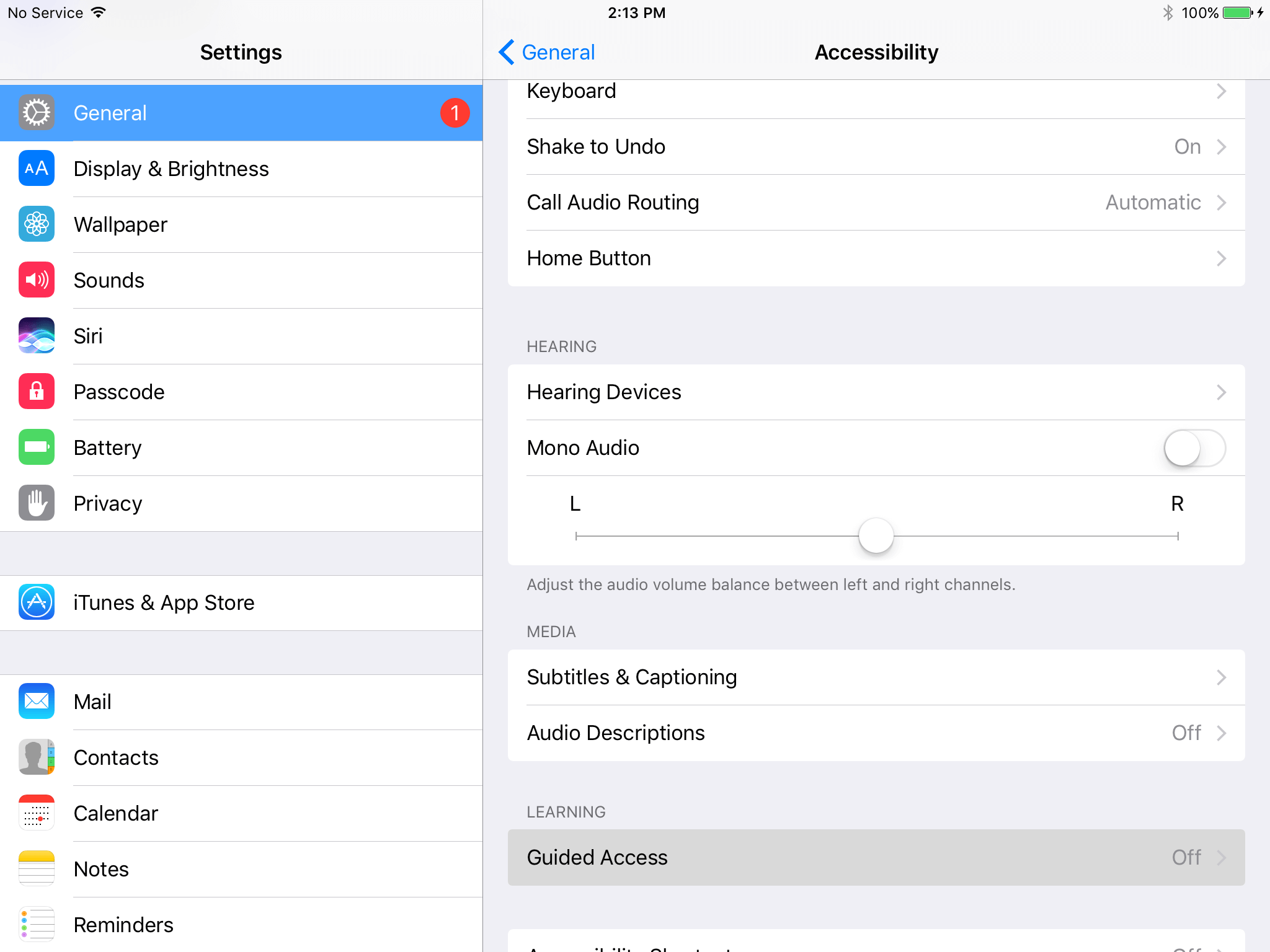 Accessibility settings with Guided Access option highlighted