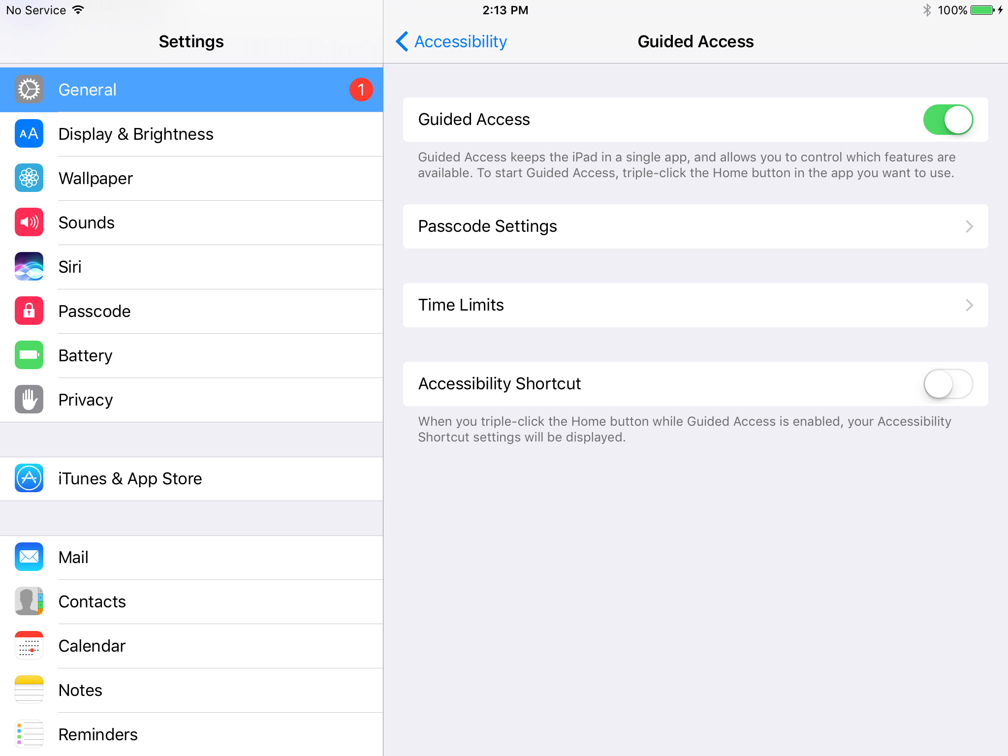 Guided Access toggle switch and passcode settings screen