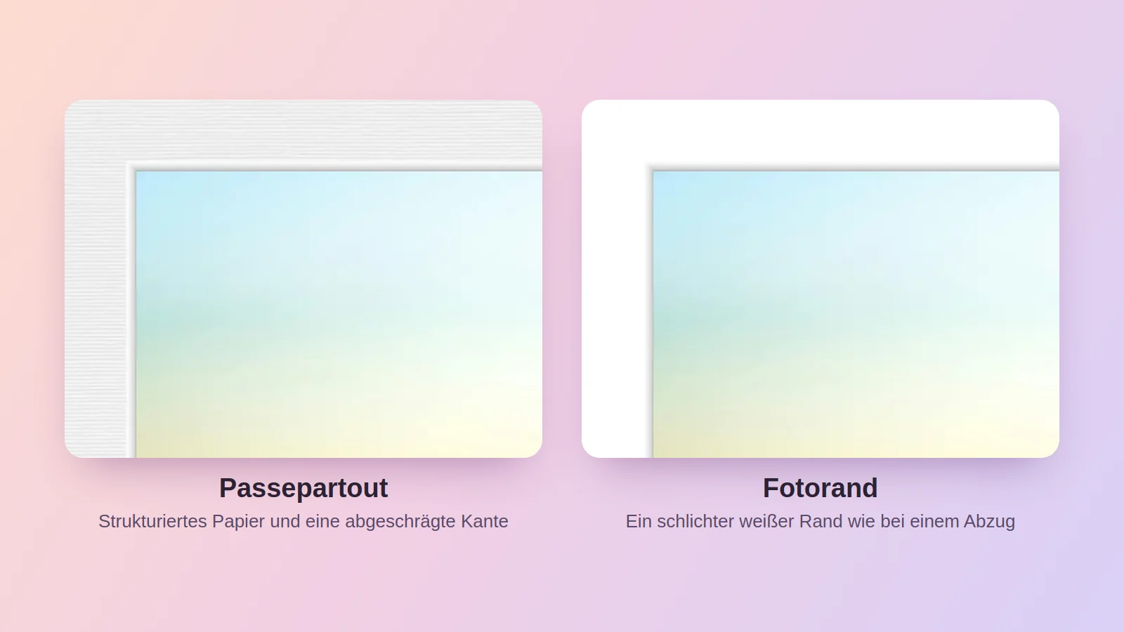 Nahaufnahme einer Passepartout-Ecke neben der Ecke eines weißen Fotorands