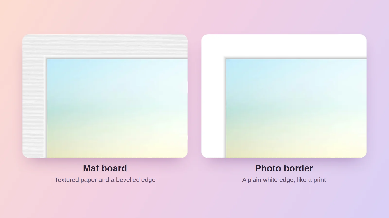 Close-up of a mat board corner next to a white photo border corner