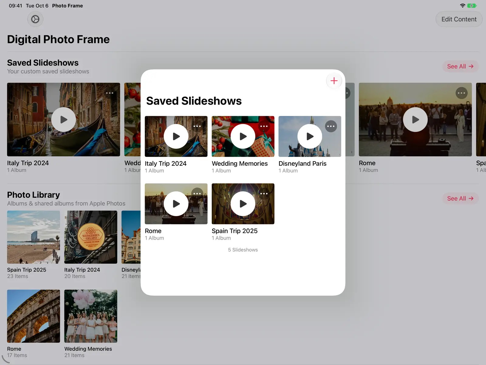 The Saved Slideshows screen with the + button