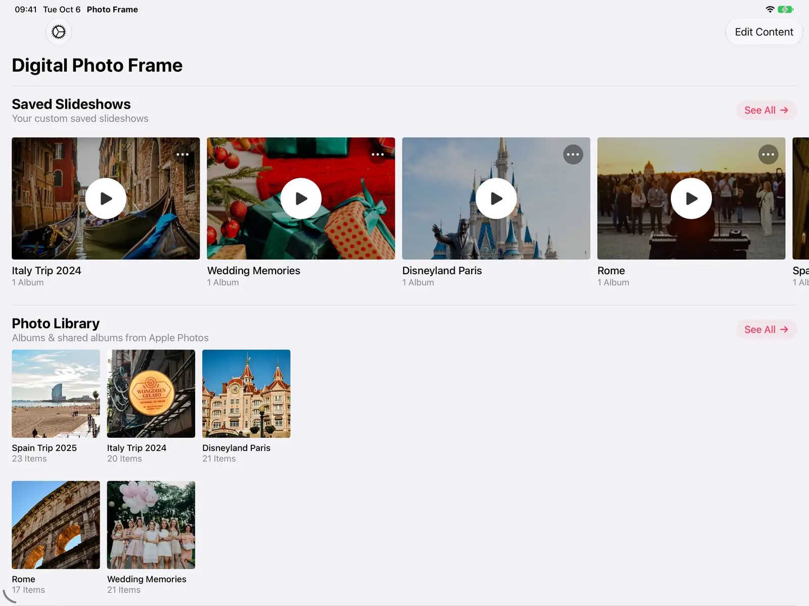 The app's home screen with saved slideshows and Photo Library albums