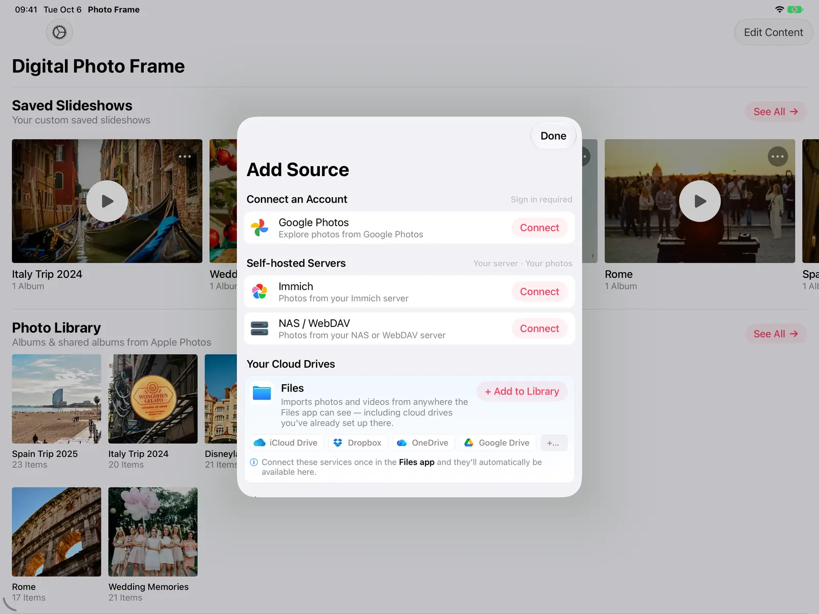 Add Source with Google Photos, Immich, NAS / WebDAV and Files
