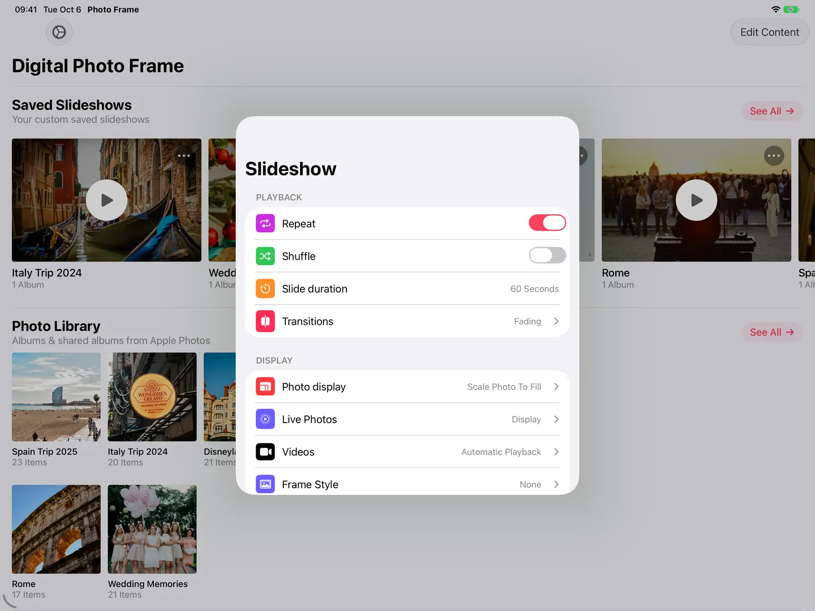 Slideshow settings: Repeat, Shuffle, Slide duration, Transitions and display options