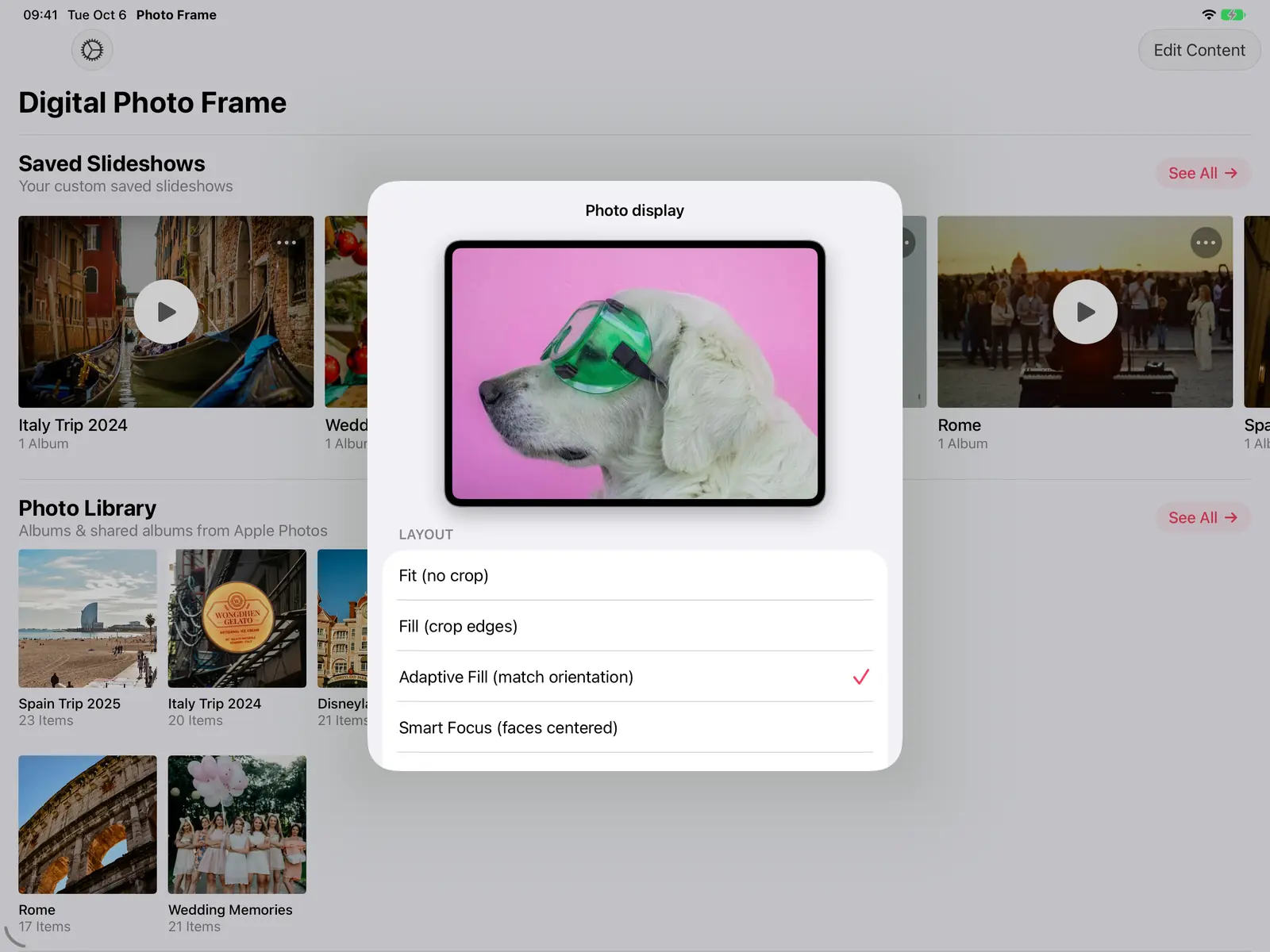 Photo display options: Fit, Fill, Adaptive Fill and Smart Focus