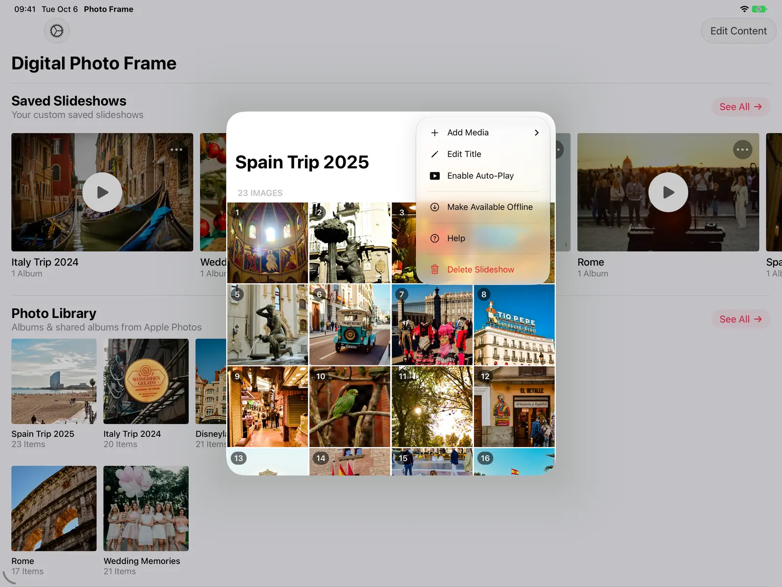 A saved slideshow with numbered photos and the Add Media button