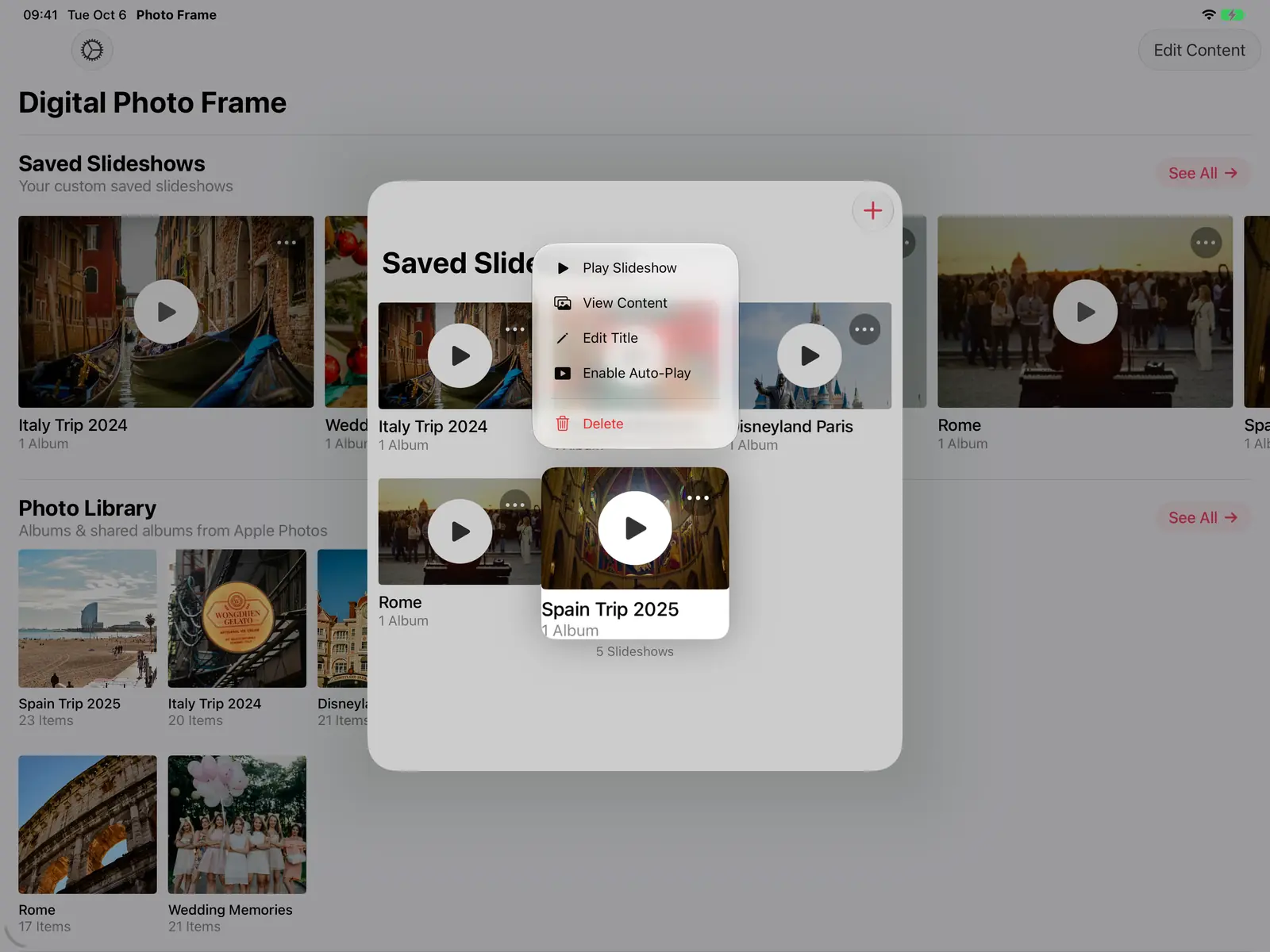 Saved slideshow menu with Play Slideshow and Enable Auto-Play