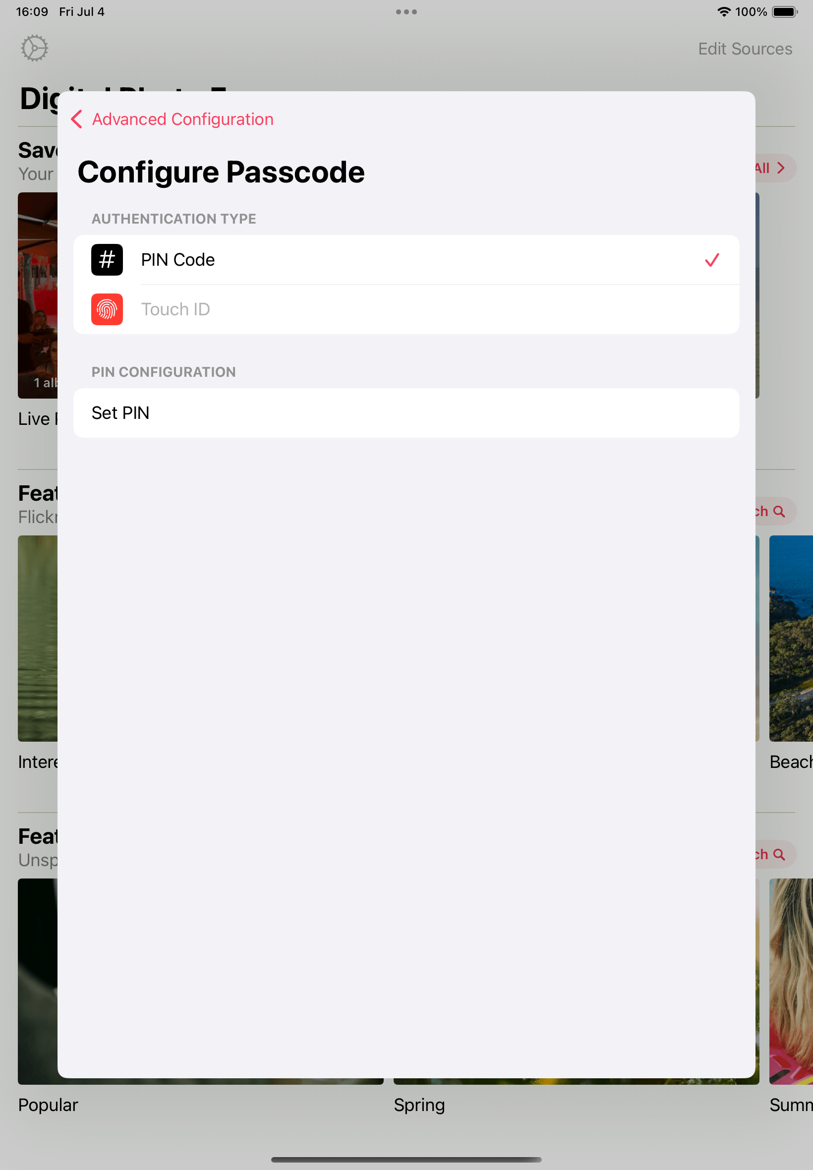 Slideshow authentication settings with PIN and biometric options